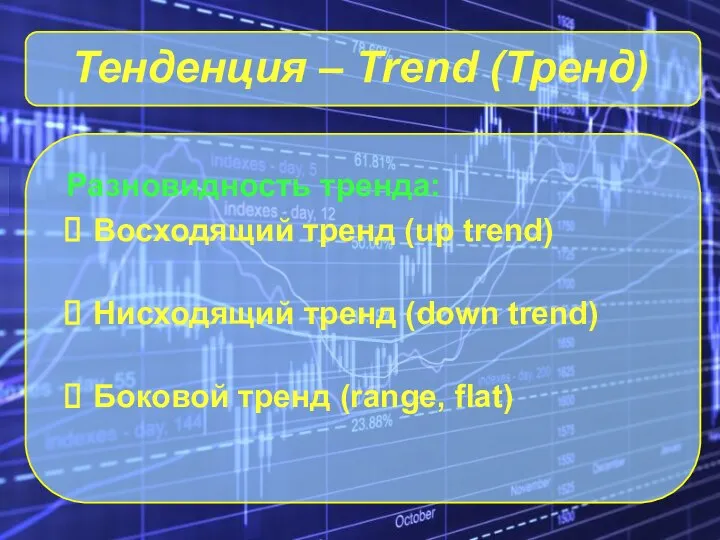 Тенденция – Trend (Тренд) Разновидность тренда: Восходящий тренд (up trend) Нисходящий