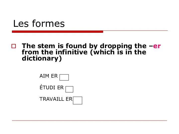 Les formes The stem is found by dropping the –er from