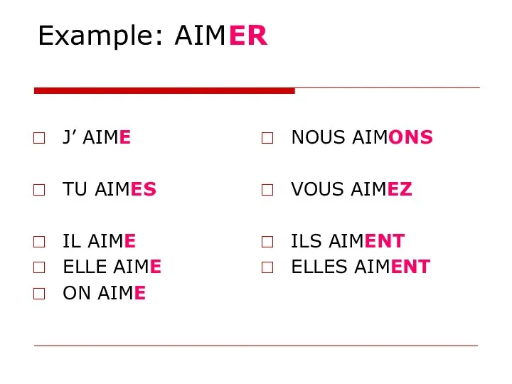 Example: AIMER J’ AIME TU AIMES IL AIME ELLE AIME ON