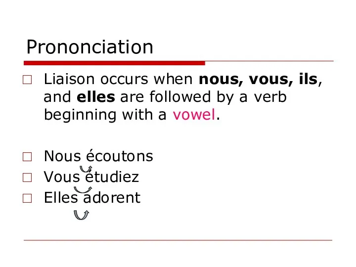 Prononciation Liaison occurs when nous, vous, ils, and elles are followed