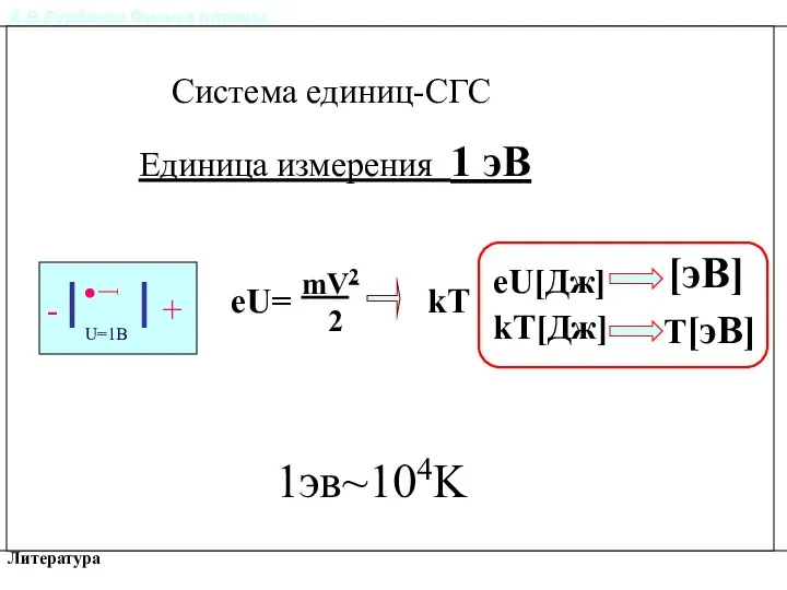 А.В.Бурдаков.Физика плазмы. Литература Единица измерения 1 эВ - + U=1В mV2