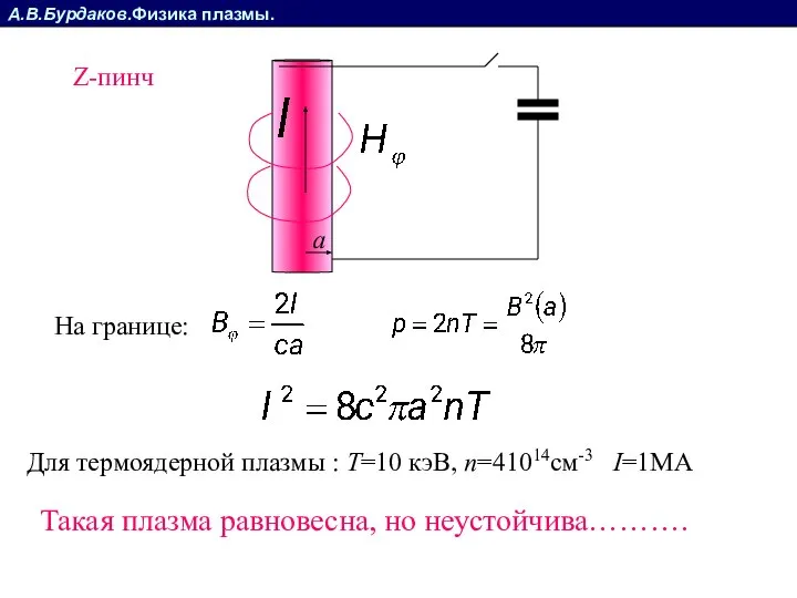 А.В.Бурдаков.Физика плазмы. Z-пинч a На границе: Для термоядерной плазмы : T=10