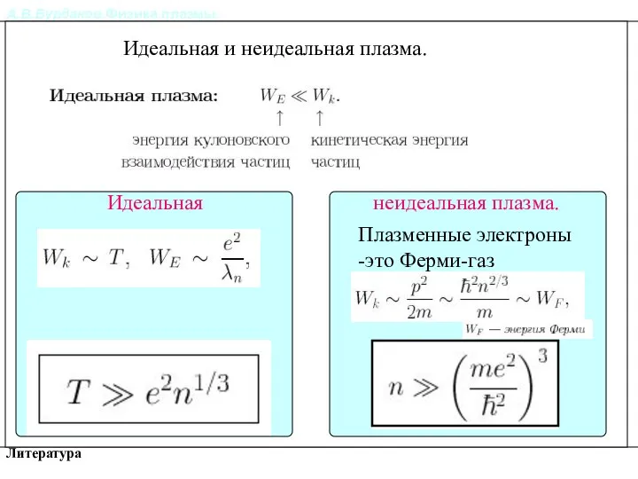 А.В.Бурдаков.Физика плазмы. Литература Идеальная и неидеальная плазма. Идеальная и неидеальная плазма.