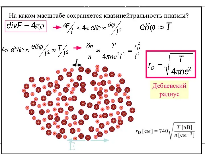 А.В.Бурдаков.Физика плазмы. Литература Дебаевская экранировка На каком масштабе сохраняется квазинейтральность плазмы? Е l Дебаевский радиус