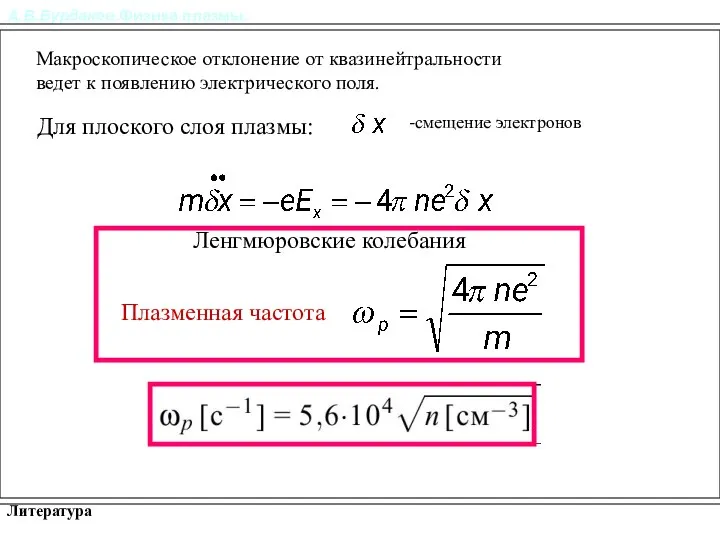 А.В.Бурдаков.Физика плазмы. Литература Плазменные колебания Макроскопическое отклонение от квазинейтральности ведет к