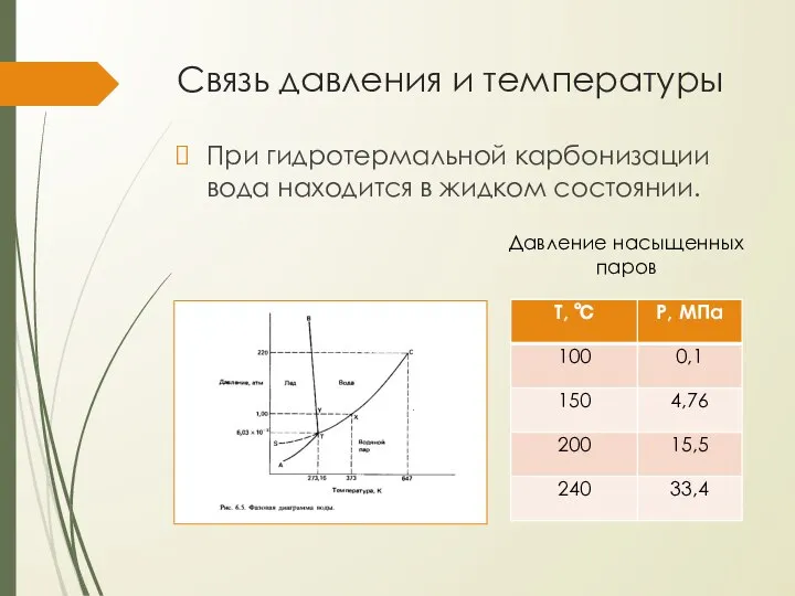 Связь давления и температуры При гидротермальной карбонизации вода находится в жидком состоянии. Давление насыщенных паров