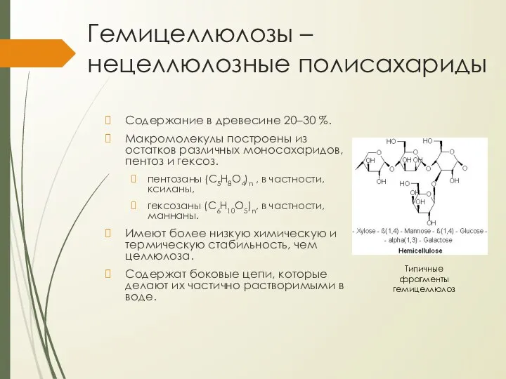 Гемицеллюлозы – нецеллюлозные полисахариды Содержание в древесине 20–30 %. Макромолекулы построены