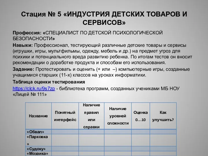 Стация № 5 «ИНДУСТРИЯ ДЕТСКИХ ТОВАРОВ И СЕРВИСОВ» Профессия: «СПЕЦИАЛИСТ ПО