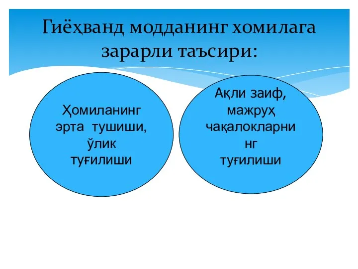 Гиёҳванд модданинг хомилага зарарли таъсири: - - Ҳомиланинг эрта тушиши, ўлик