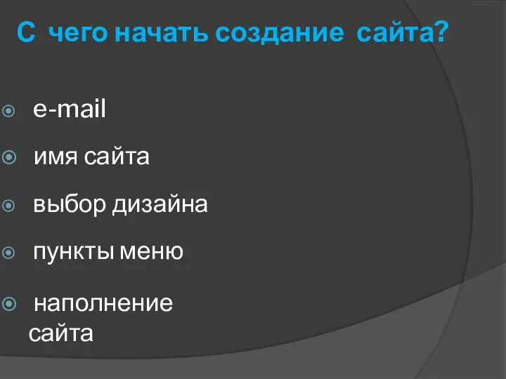 С чего начать создание сайта? e-mail имя сайта выбор дизайна пункты меню наполнение сайта