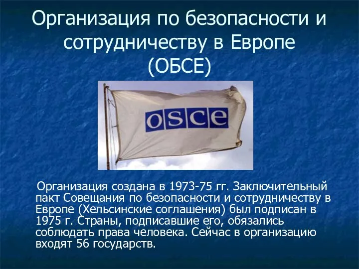 Организация по безопасности и сотрудничеству в Европе (ОБСЕ) Организация создана в