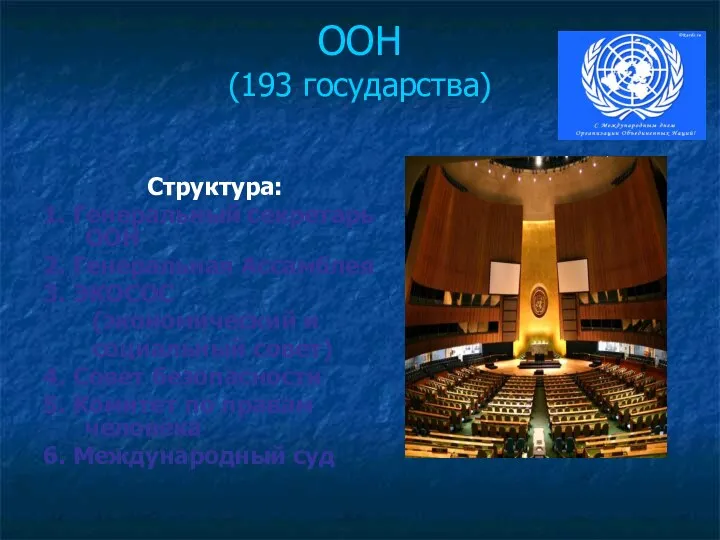 ООН (193 государства) Структура: 1. Генеральный секретарь ООН 2. Генеральная Ассамблея