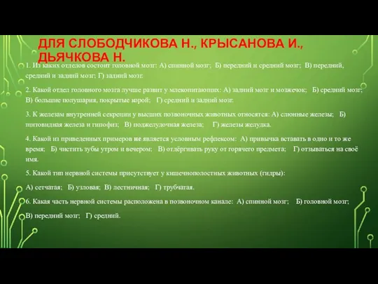 ДЛЯ СЛОБОДЧИКОВА Н., КРЫСАНОВА И., ДЬЯЧКОВА Н. 1. Из каких отделов