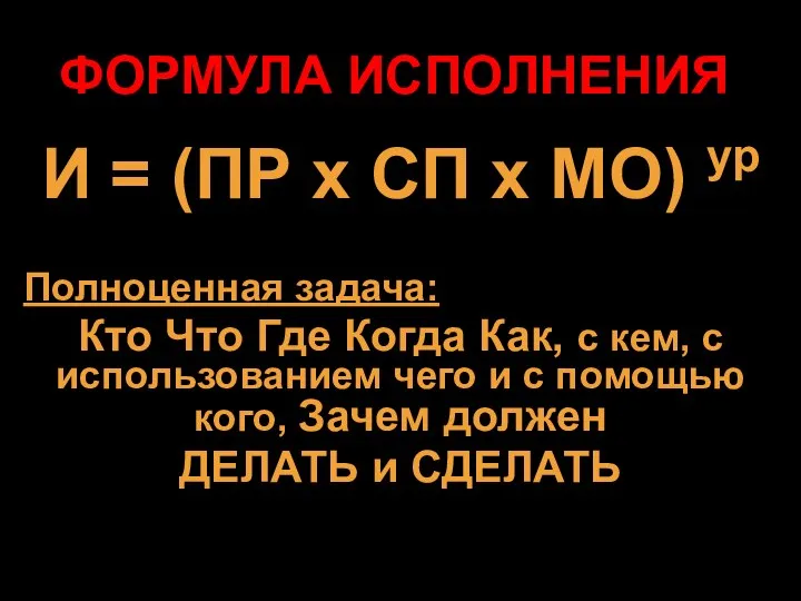 ФОРМУЛА ИСПОЛНЕНИЯ И = (ПР х СП х МО) ур Полноценная