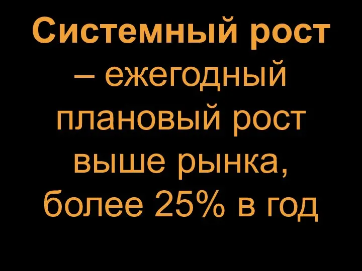 Системный рост – ежегодный плановый рост выше рынка, более 25% в год