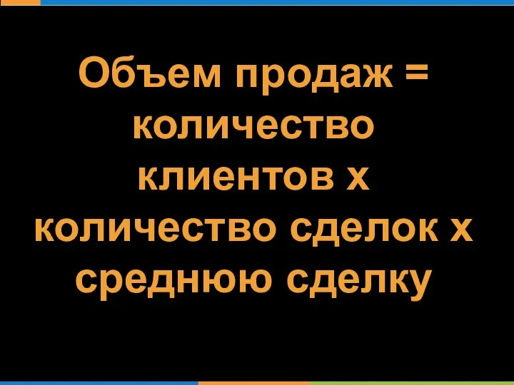 Объем продаж = количество клиентов х количество сделок х среднюю сделку