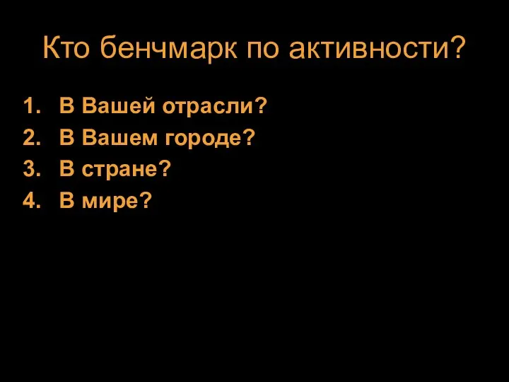 Кто бенчмарк по активности? В Вашей отрасли? В Вашем городе? В стране? В мире?