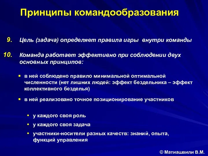 Цель (задача) определяет правила игры внутри команды Команда работает эффективно при