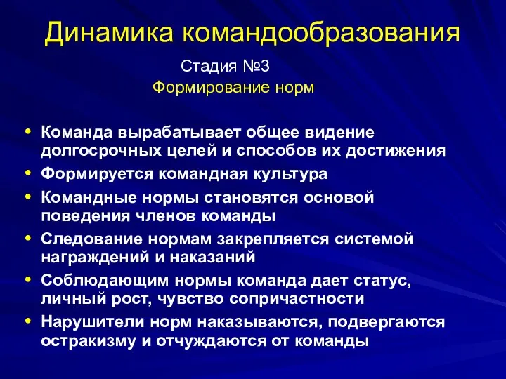 Динамика командообразования Стадия №3 Формирование норм Команда вырабатывает общее видение долгосрочных