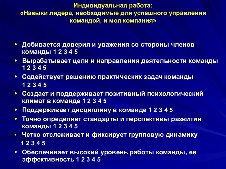 Индивидуальная работа: «Навыки лидера, необходимые для успешного управления командой, и моя