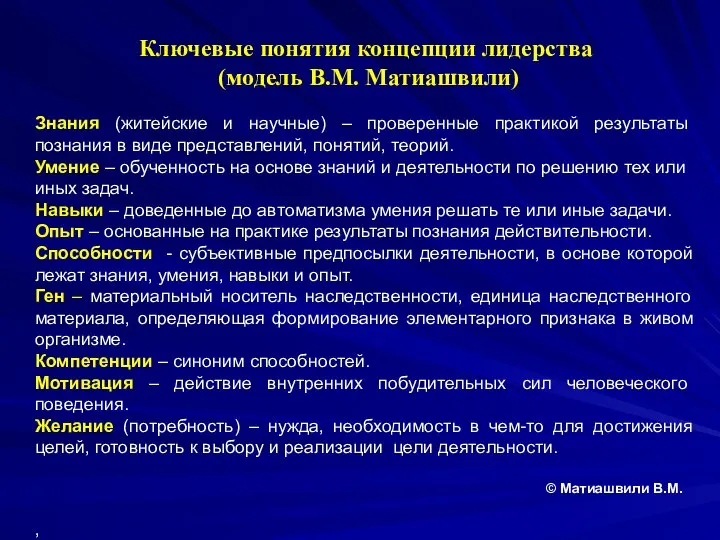 Ключевые понятия концепции лидерства (модель В.М. Матиашвили) Знания (житейские и научные)