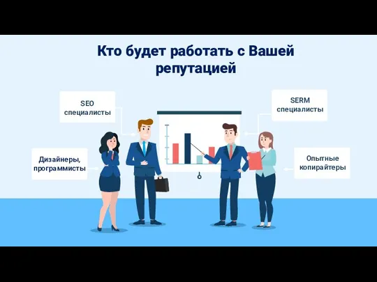 Кто будет работать с Вашей репутацией Опытные копирайтеры SERM специалисты SEO специалисты Дизайнеры, программисты