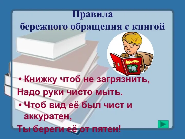 Правила бережного обращения с книгой Книжку чтоб не загрязнить, Надо руки