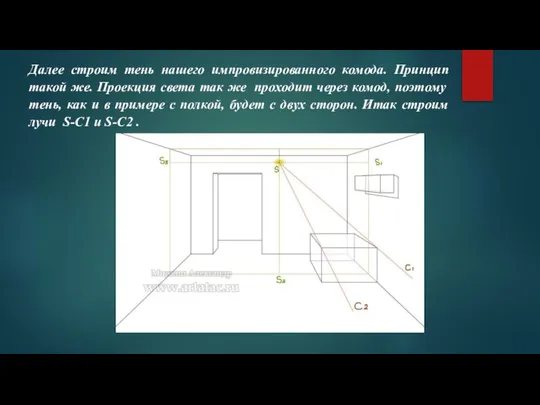 Далее строим тень нашего импровизированного комода. Принцип такой же. Проекция света