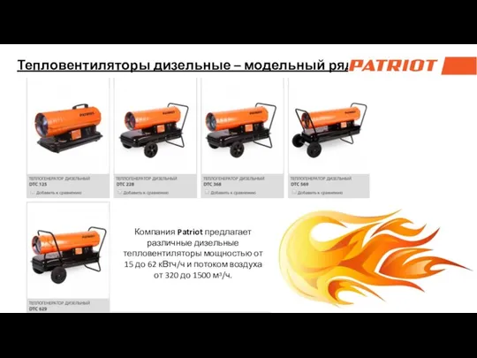 Тепловентиляторы дизельные – модельный ряд Компания Patriot предлагает различные дизельные тепловентиляторы