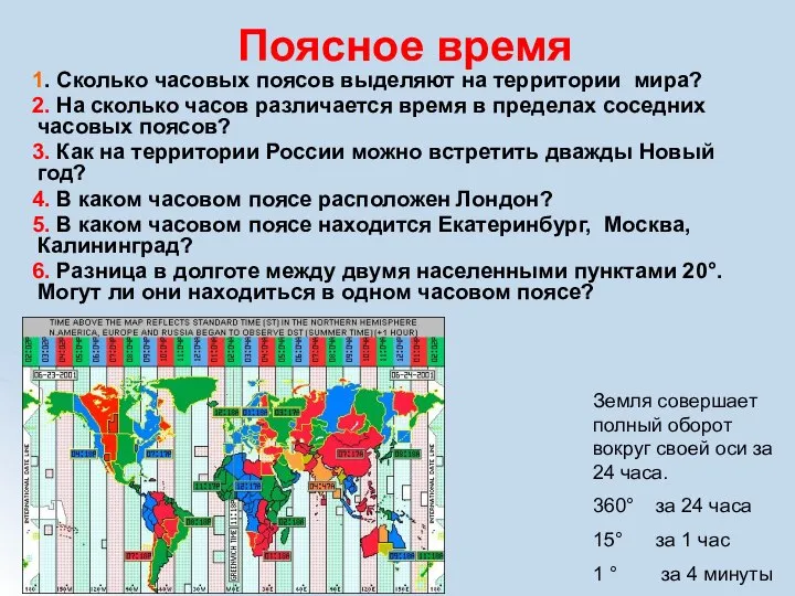 Поясное время 1. Сколько часовых поясов выделяют на территории мира? 2.