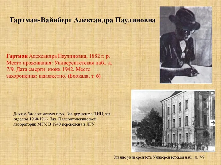 Гартман Александра Паулиновна, 1882 г. р. Место проживания: Университетская наб., д.