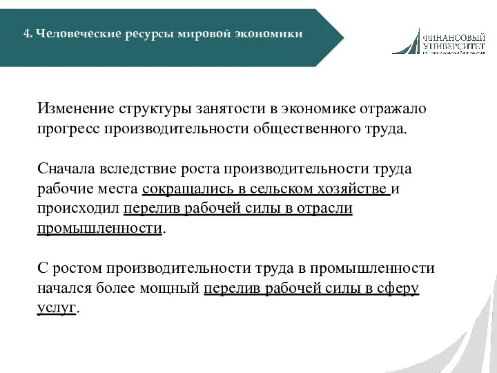 4. Человеческие ресурсы мировой экономики Изменение структуры занятости в экономике отражало