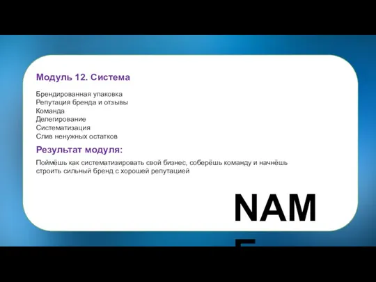 Модуль 12. Система Брендированная упаковка Репутация бренда и отзывы Команда Делегирование