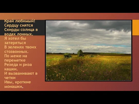 Край любимый! Сердцу снятся Скирды солнца в водах лонных. Я хотел