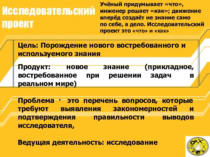 Исследовательский проект Цель: Порождение нового востребованного и используемого знания Продукт: новое