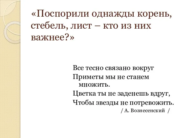 «Поспорили однажды корень, стебель, лист – кто из них важнее?» Все