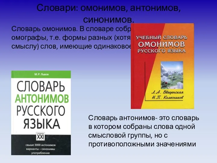 Словари: омонимов, антонимов, синонимов. Словарь омонимов. В словаре собраны омоформы-омографы, т.е.