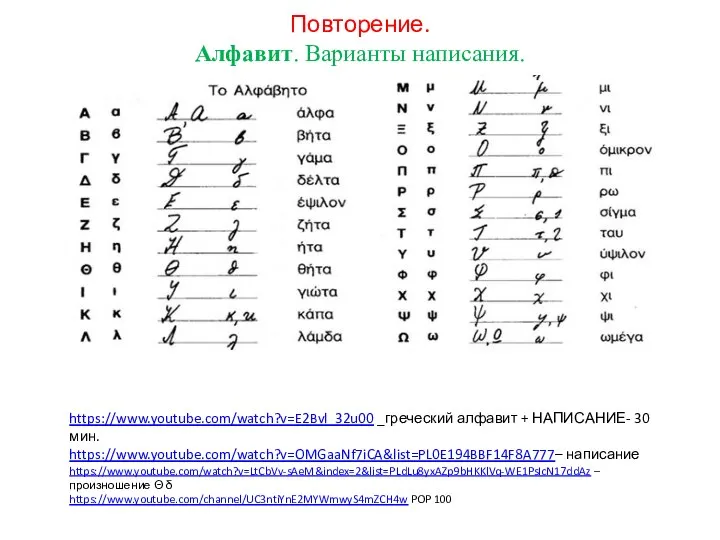 Повторение. Алфавит. Варианты написания. https://www.youtube.com/watch?v=E2Bvl_32u00 _греческий алфавит + НАПИСАНИЕ- 30 мин.