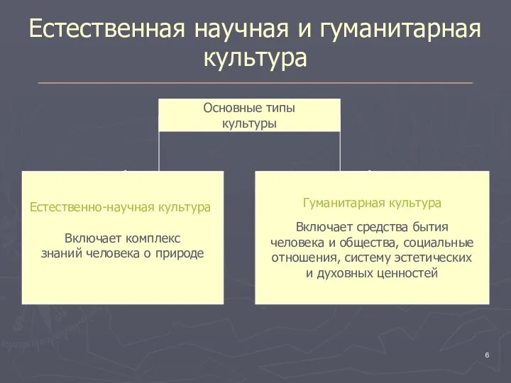 Естественная научная и гуманитарная культура Основные типы культуры Естественно-научная культура: Включает