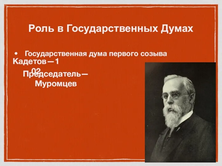 Роль в Государственных Думах Государственная дума первого созыва Кадетов—102 Председатель—Муромцев