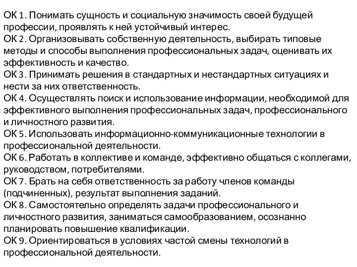 ОК 1. Понимать сущность и социальную значимость своей будущей профессии, проявлять