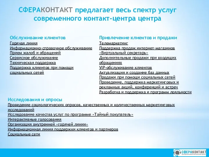 СФЕРАКОНТАКТ предлагает весь спектр услуг современного контакт-центра центра Обслуживание клиентов Горячая