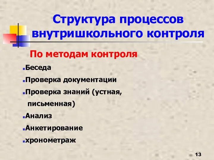 Структура процессов внутришкольного контроля По методам контроля Беседа Проверка документации Проверка