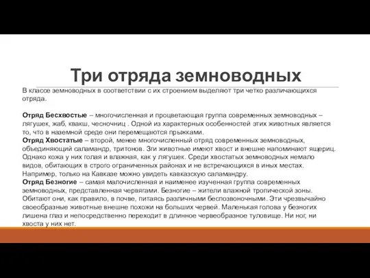 Три отряда земноводных В классе земноводных в соответствии с их строением