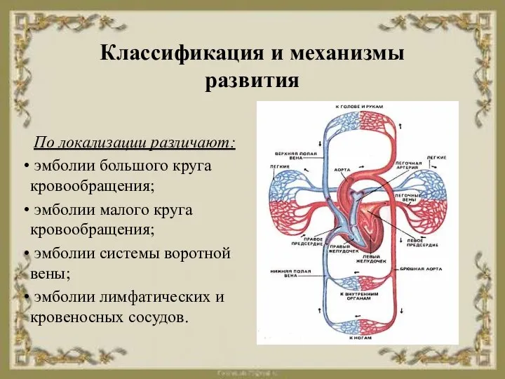 Классификация и механизмы развития По локализации различают: эмболии большого круга кровообращения;