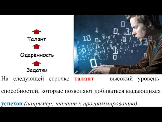 На следующей строчке талант — высокий уровень способностей, которые позволяют добиваться