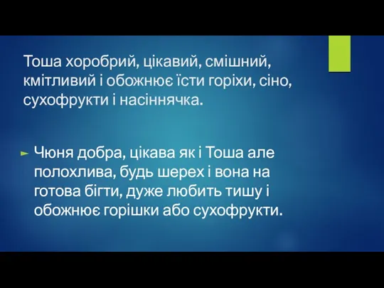 Тоша хоробрий, цікавий, смішний, кмітливий і обожнює їсти горіхи, сіно, сухофрукти