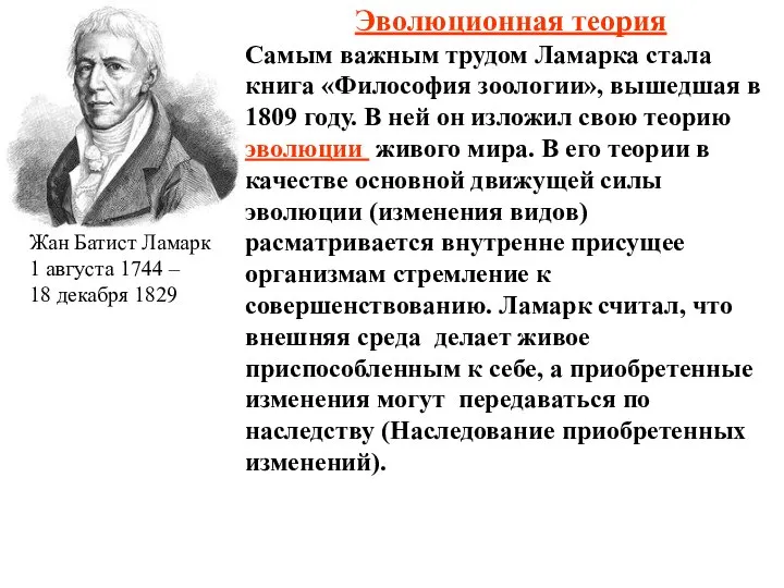 Жан Батист Ламарк 1 августа 1744 – 18 декабря 1829 Эволюционная