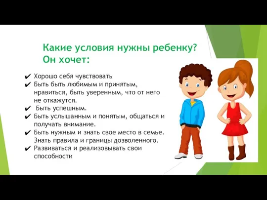 Какие условия нужны ребенку? Он хочет: Хорошо себя чувствовать Быть быть