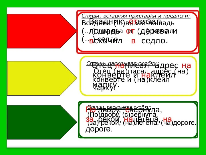 Спиши, вставляя приставки и предлоги: Всадник (…)вязал лошадь (… ) дерева